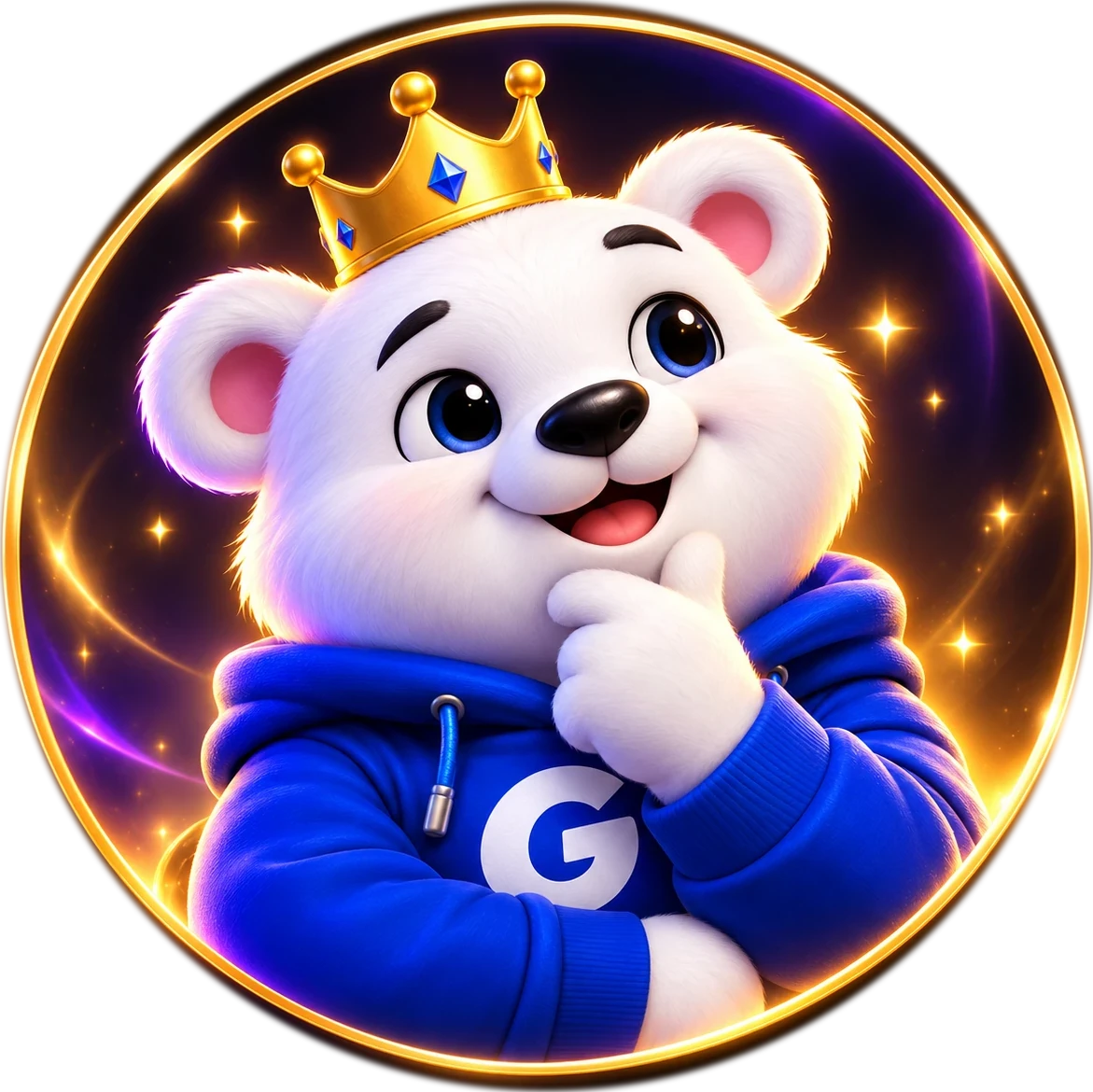 Gemzy thinking, paw on chin, inside a glowing gold ring
