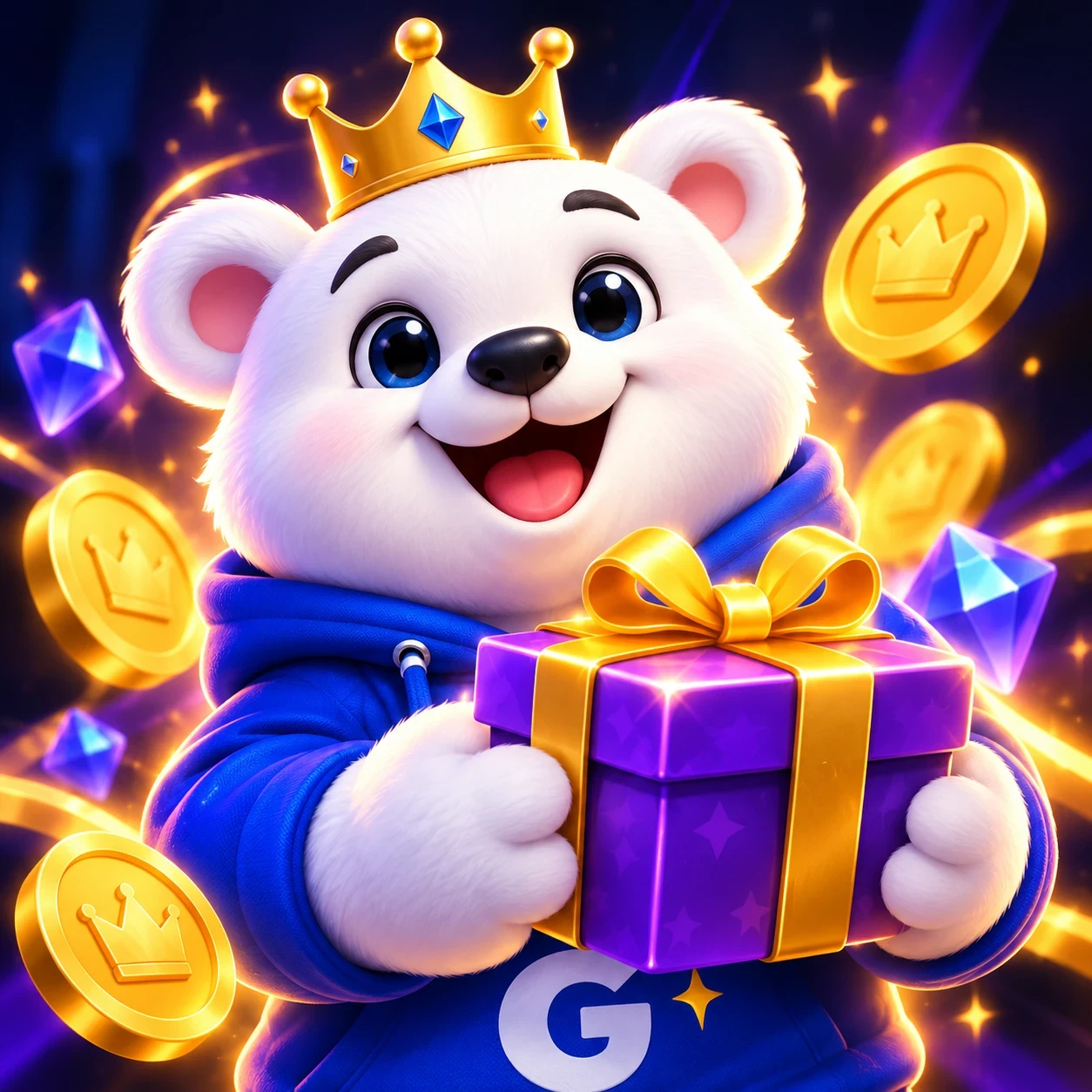 Gemzy holding a gift box surrounded by coins and gems