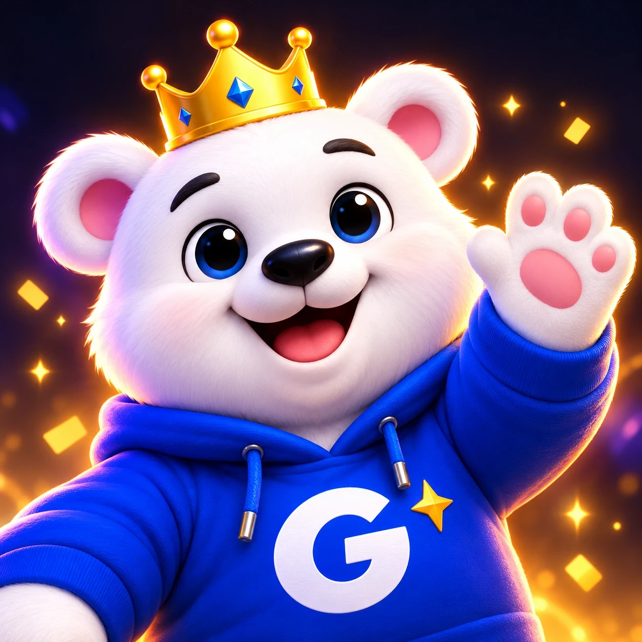 Gemzy, a white bear mascot with a gold crown and royal-blue hoodie, waving hello